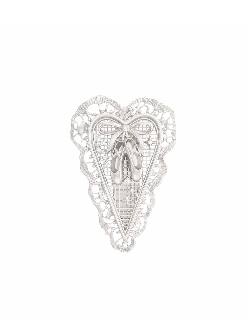 A silver-toned hair clip shaped like a heart with intricate filigree lace detailing and a central bow motif, shown on a plain white background.