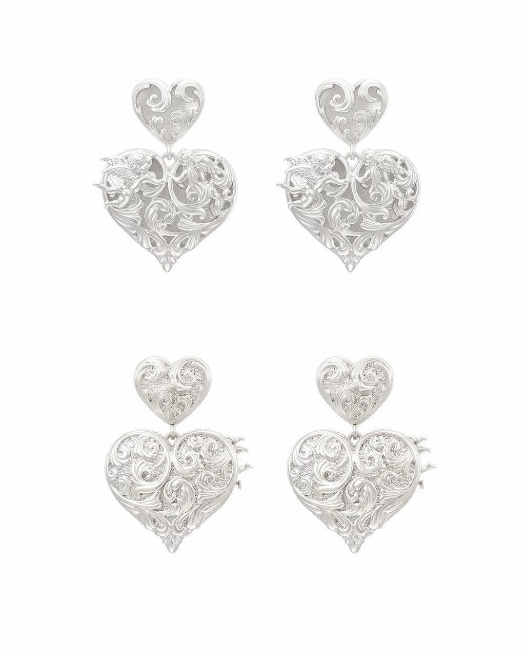 Four silver heart-shaped earrings with intricate filigree scrollwork and a smaller matching heart stud above each larger heart, displayed on a clean white background.